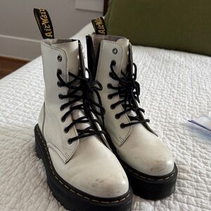 Dr. Martens White Leather Platform Lace-Up Boots with Black Laces